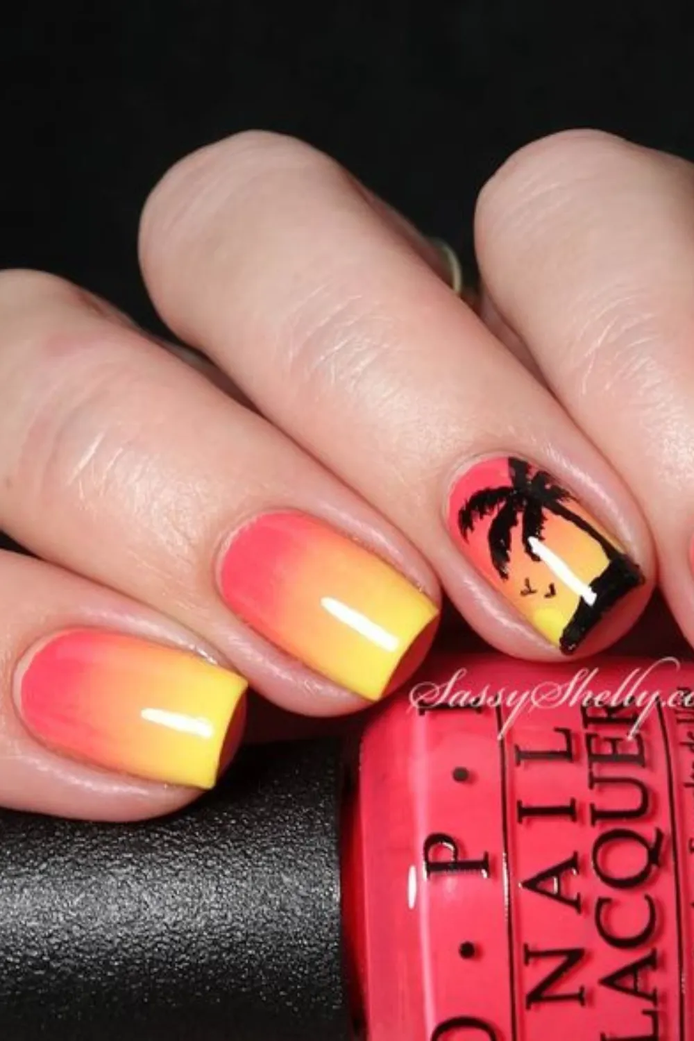 Tropical Sunset Vibes Nails - Sunset ombre nails with black palm tree accents for a tropical spring look.