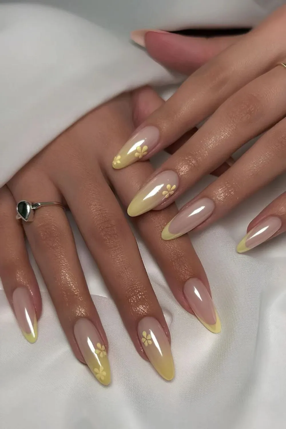 Yellow Ombre Flower Nails – Bright Yellow Ombre With Dainty Spring Blossoms