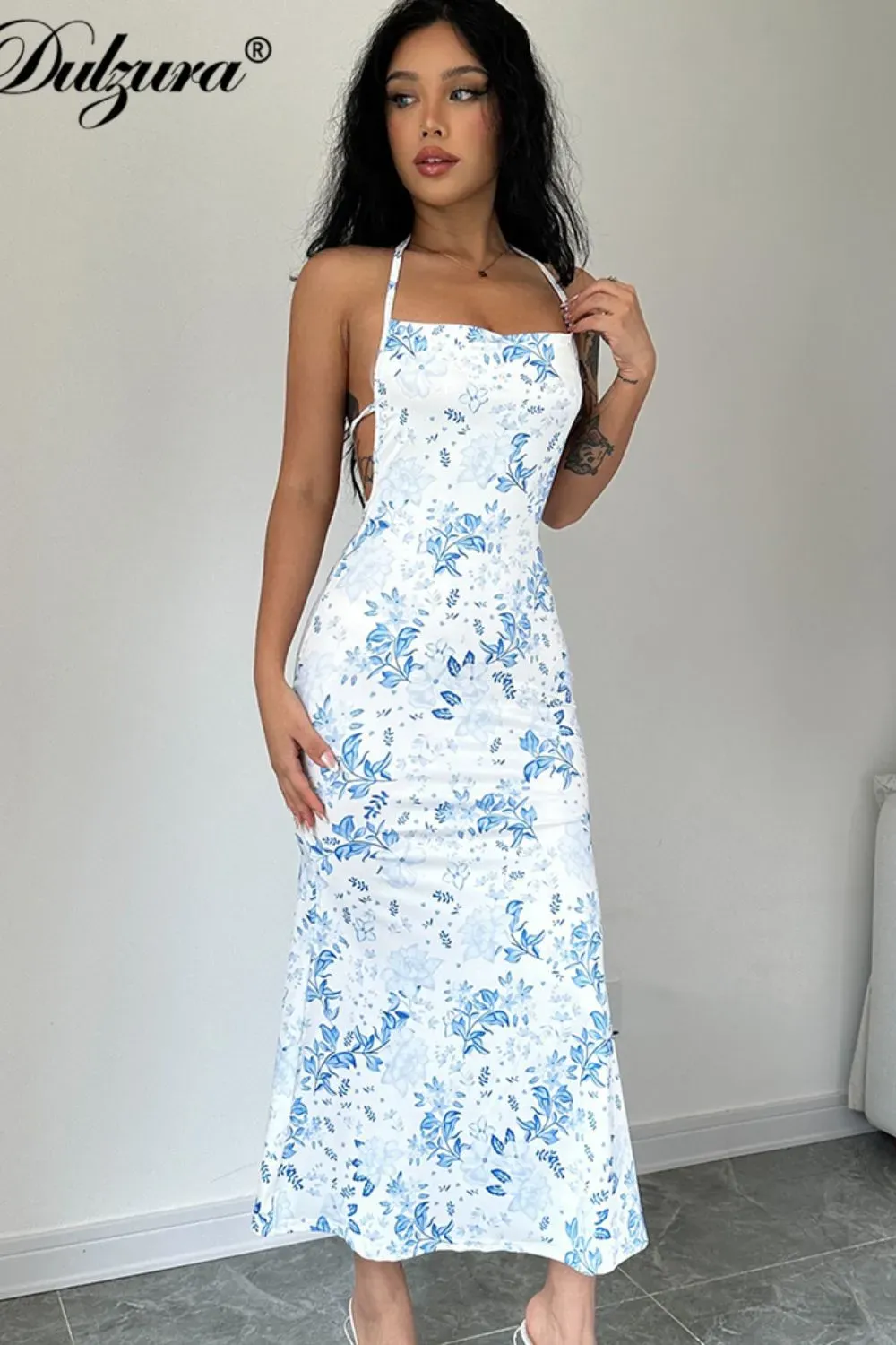White and Blue Floral Halter Maxi Dress - Romantic Seasonal Fashion