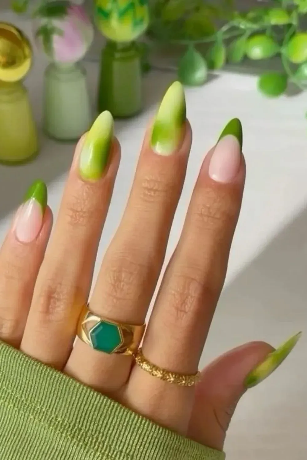 Green French Fade Nails - Leaf-inspired green ombré French tips on almond nails