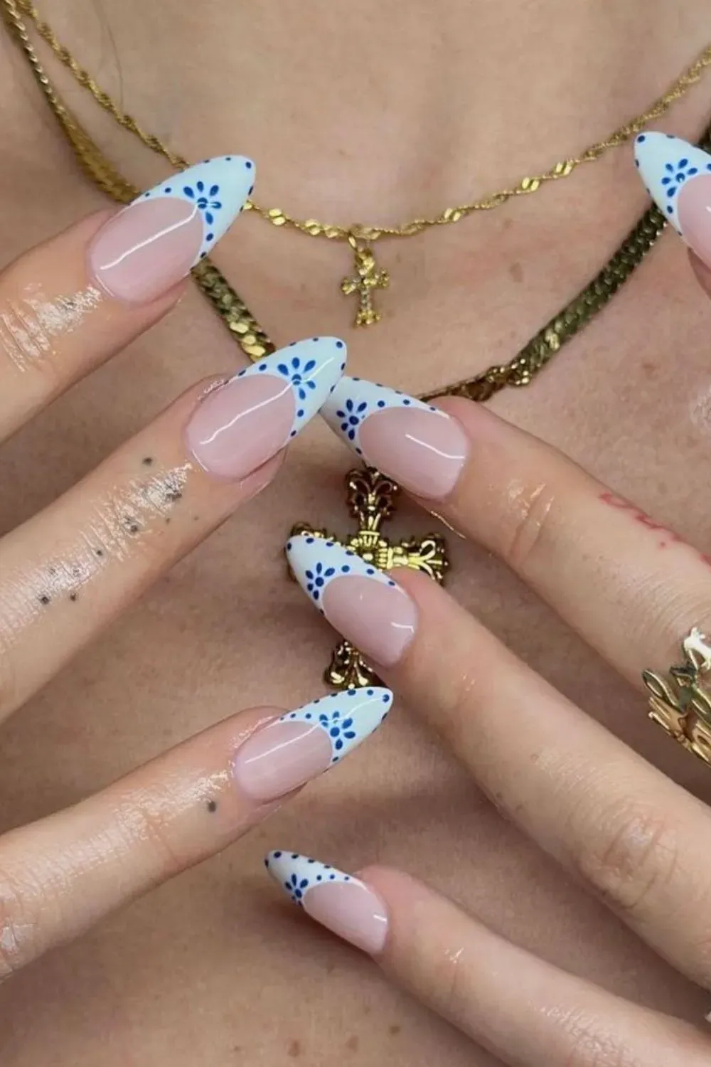 Blue China Floral French Tips - White French tips with blue porcelain-style floral designs