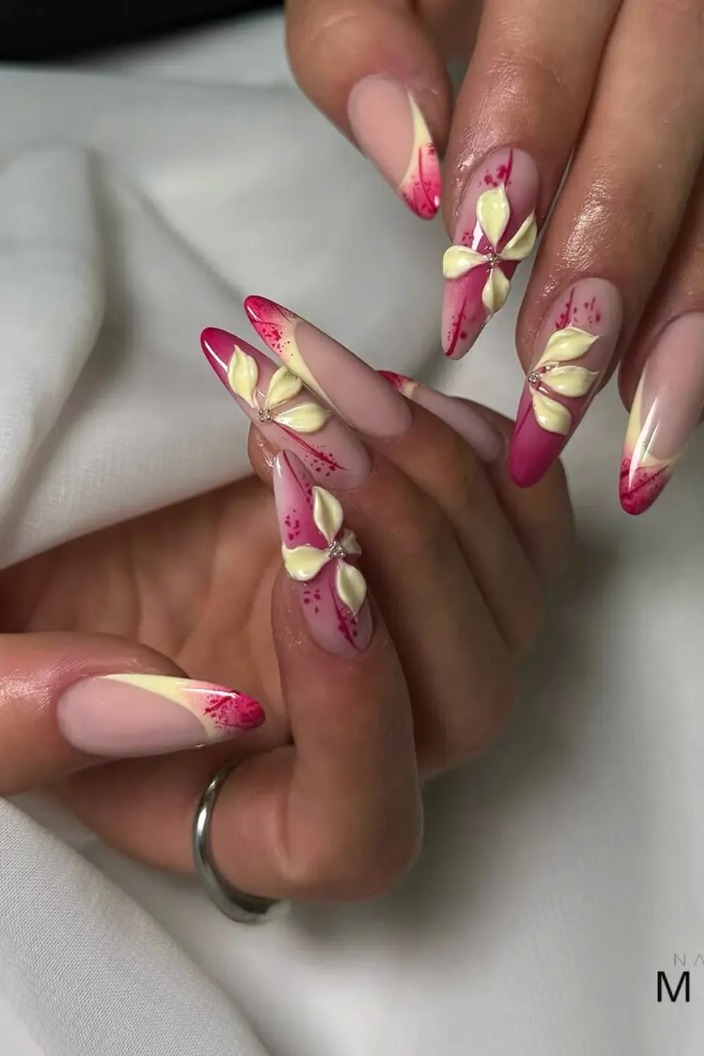 Classic French Tips with Pink and Yellow Flowers Alt Text: Classic French tips adorned with small pink and yellow floral accents for a timeless design