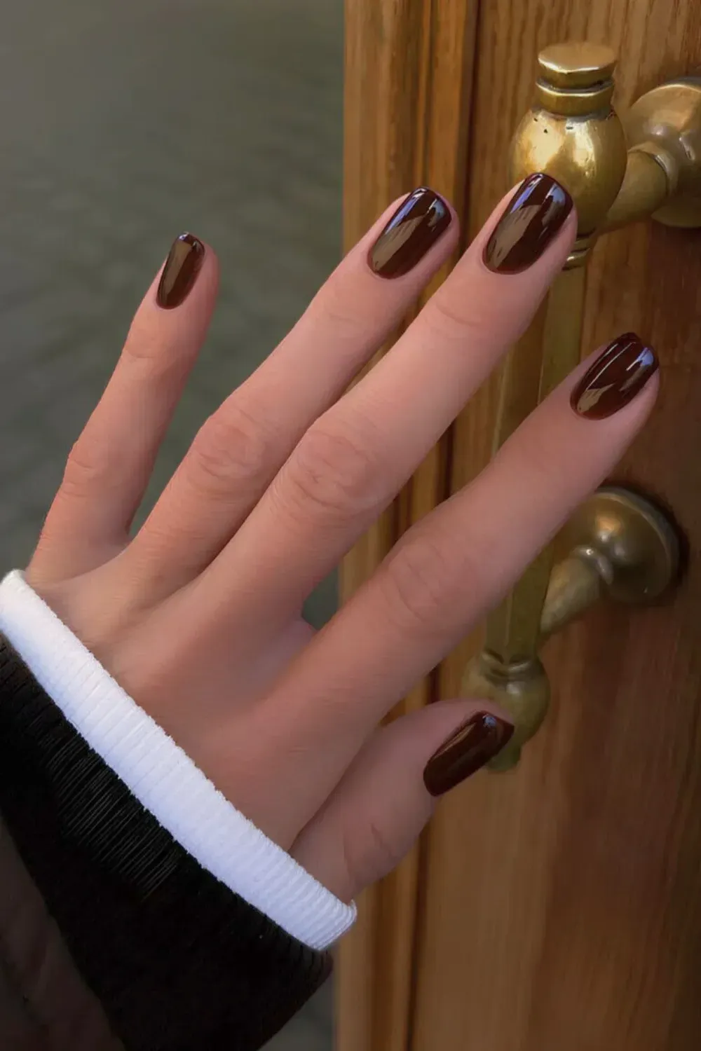 Shiny espresso brown nails in a classic style