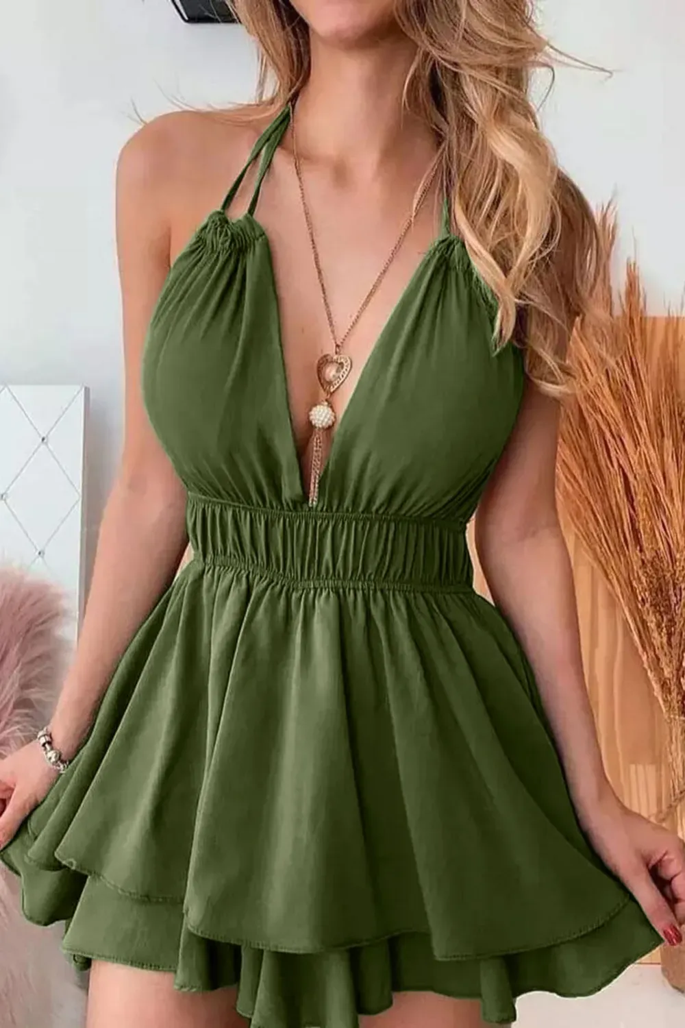 Olive Green Halter Dress with Plunging Neckline - Flowy olive dress with deep V neckline and cinched waist for a bold summer look.