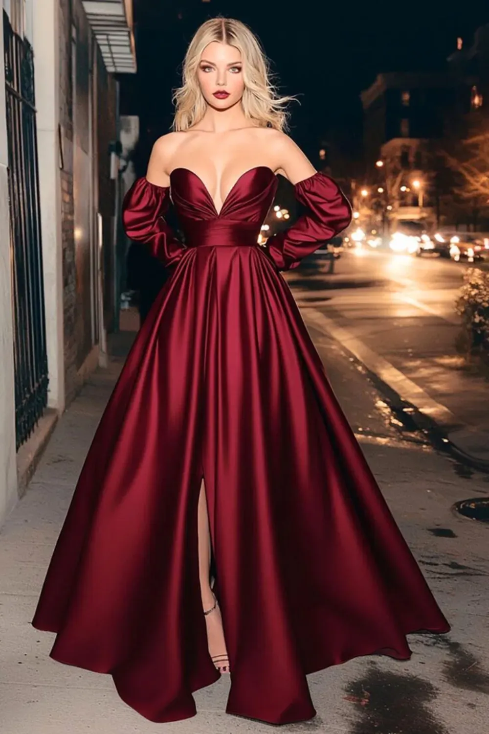 Woman wearing an off-shoulder red satin gown with puffed sleeves and thigh slit