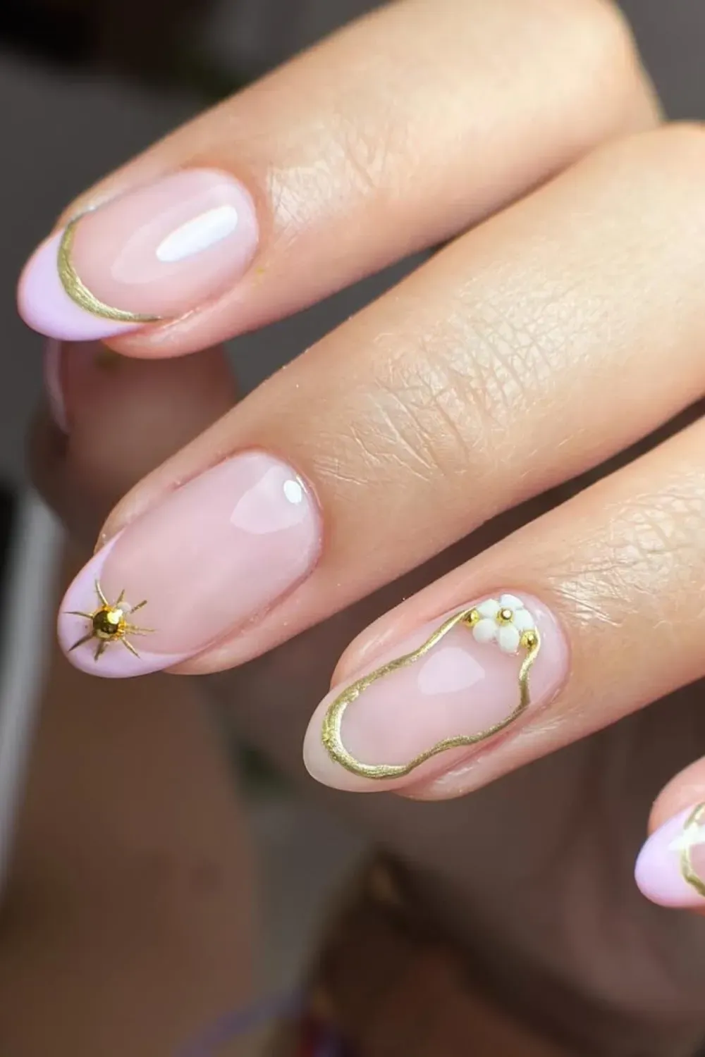 Gold Accents French Tips – Elegant French tips with gold lines and pearl embellishments