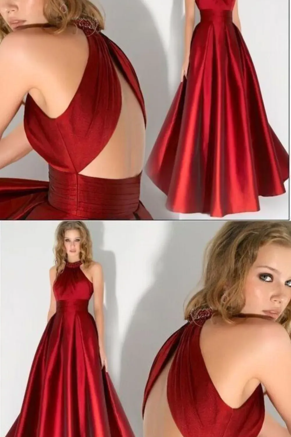 Stunning red satin gown with high neckline and open back design.