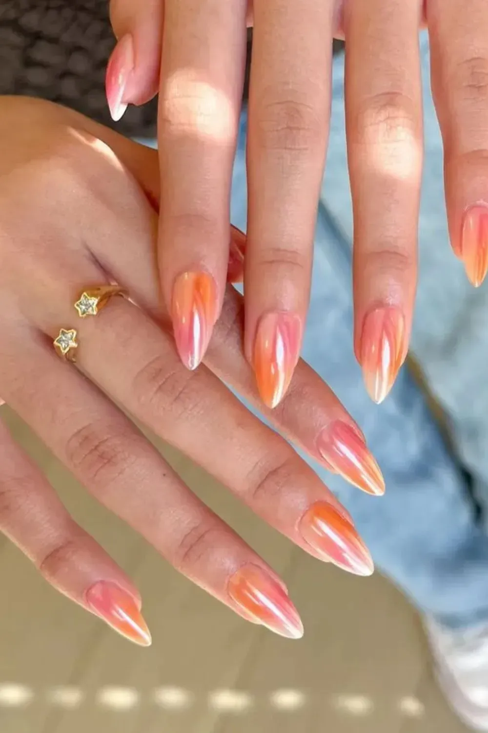 Orange and Peach Glazed Nails - Glossy almond nails in a glazed finish with soft orange and peach hues