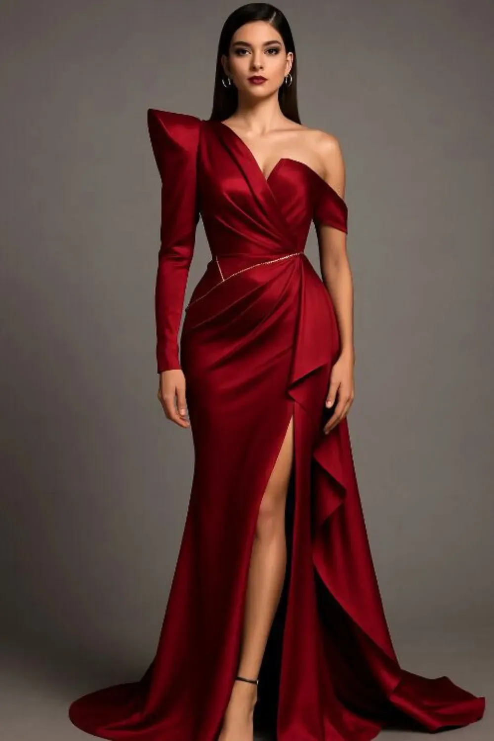 Fashion-forward red gown featuring one shoulder and bold draped sleeve