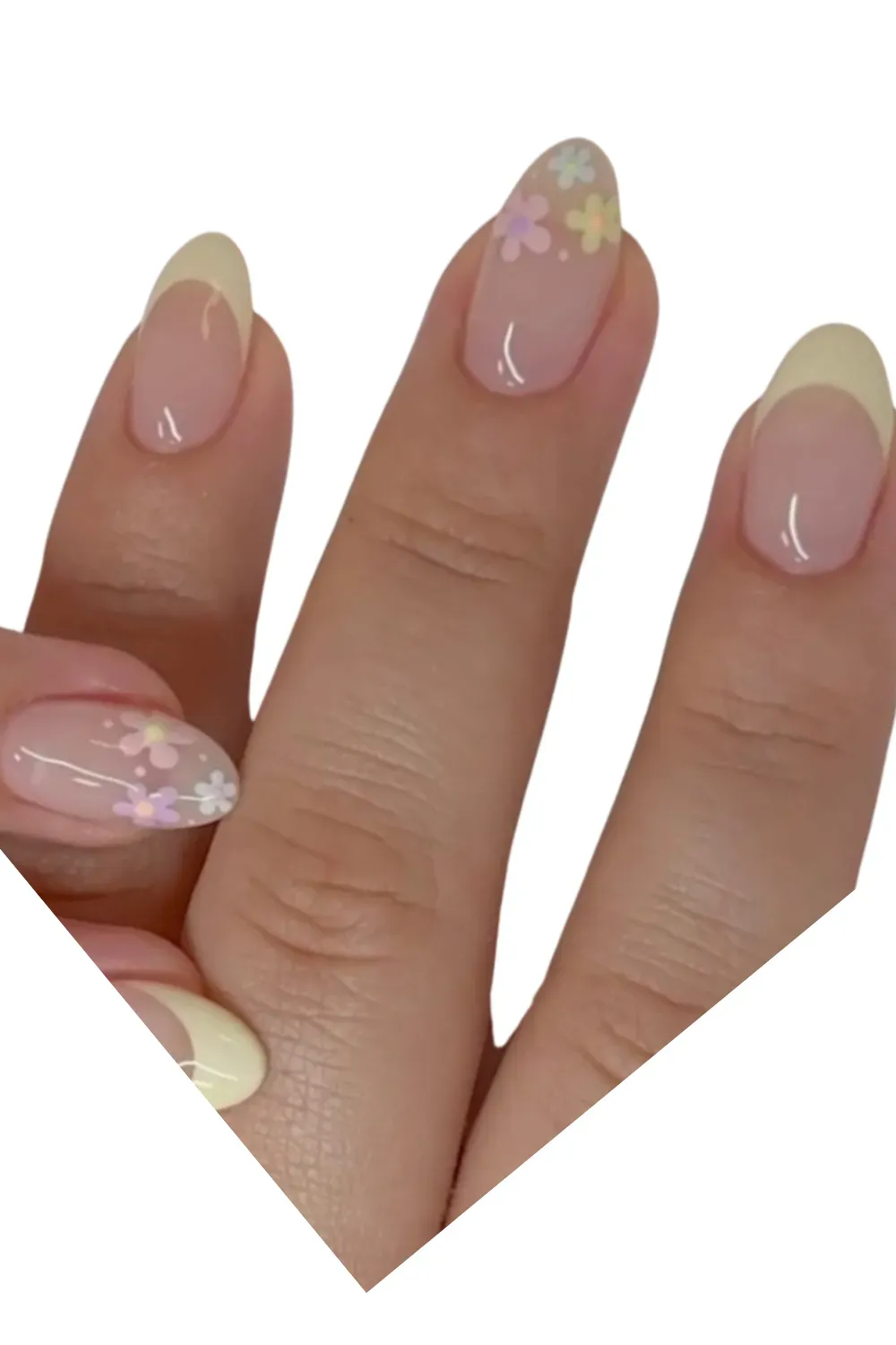 Pastel Yellow French Tips with Colorful Flowers - Bright pastel yellow French tips with colorful flower accents, perfect for a fun and cheerful look