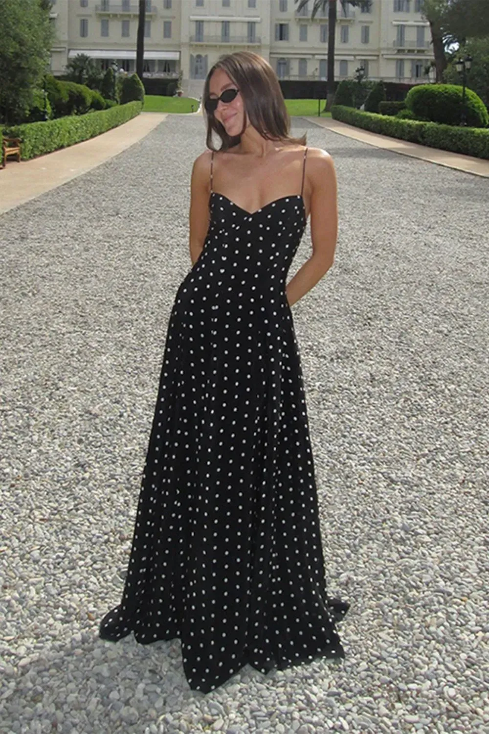 Black Polka Dot Spaghetti Strap Maxi Dress - Vintage Glam Gown