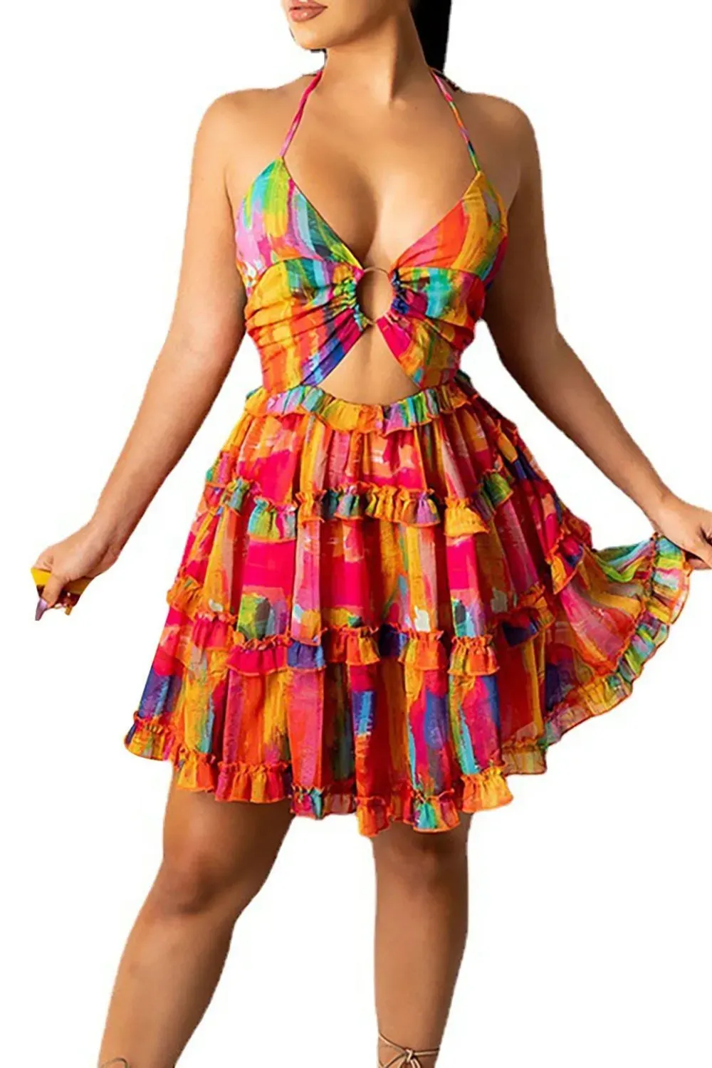 Colorful Cut-Out Summer Dress with Ruffles - Bright rainbow-colored summer dress with front cut-out and ruffles