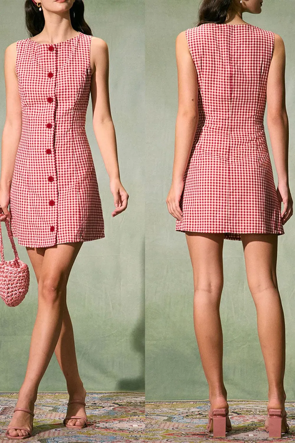 Red Gingham Summer Dress with Buttons - Sleeveless red gingham dress with front button detail