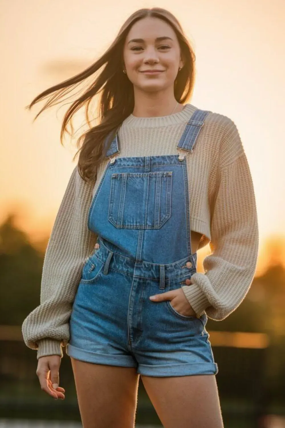A woman in denim overalls and a cozy sweater standing outdoors at sunset