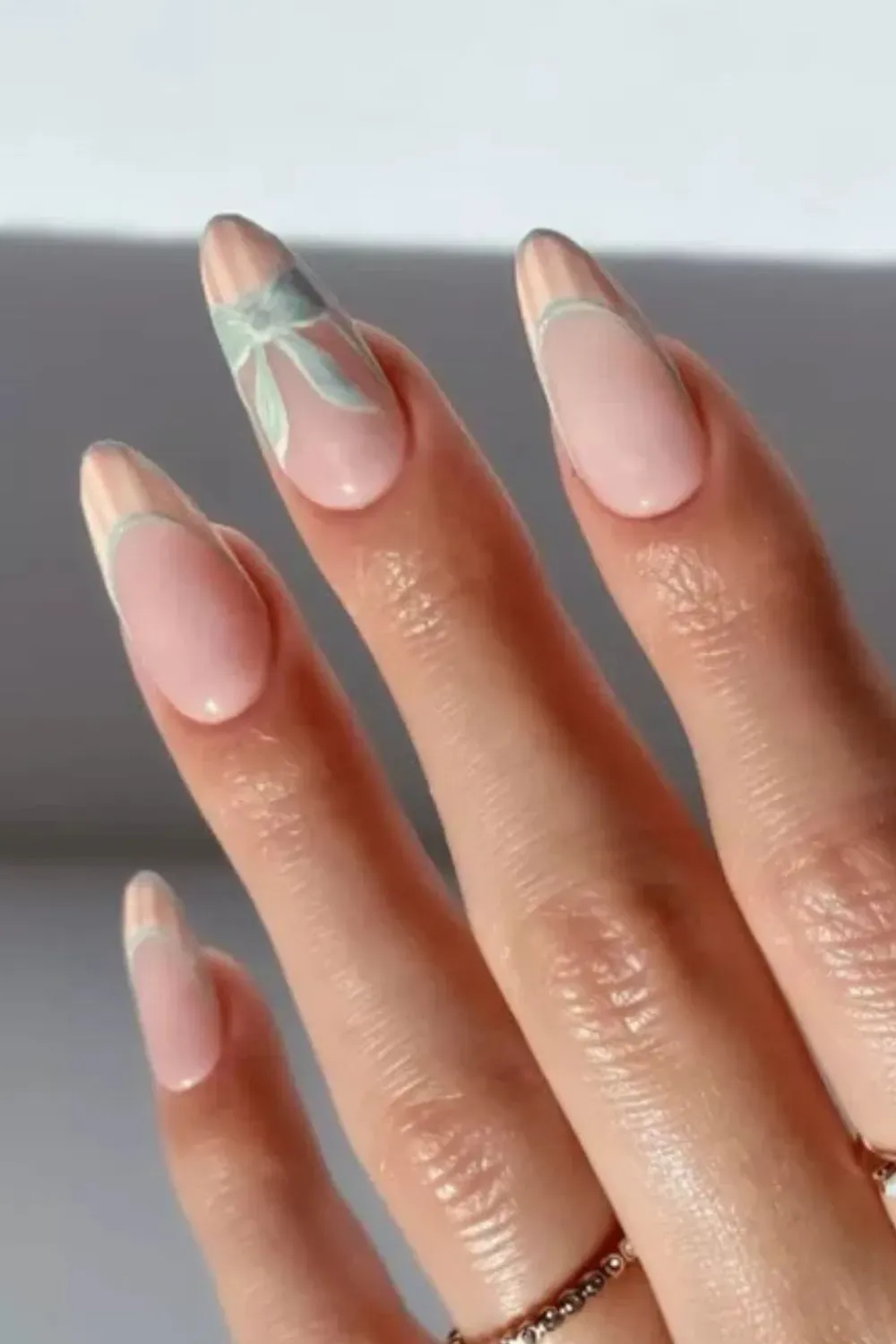 Ribbon Coquette Line Art Nails - Blush almond nails with delicate mint and white ribbon line art