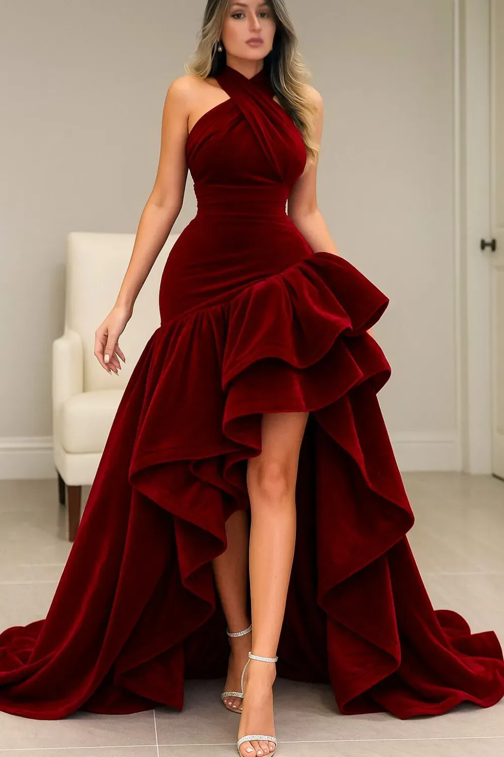 Dramatic red velvet high-low dress with layered ruffles