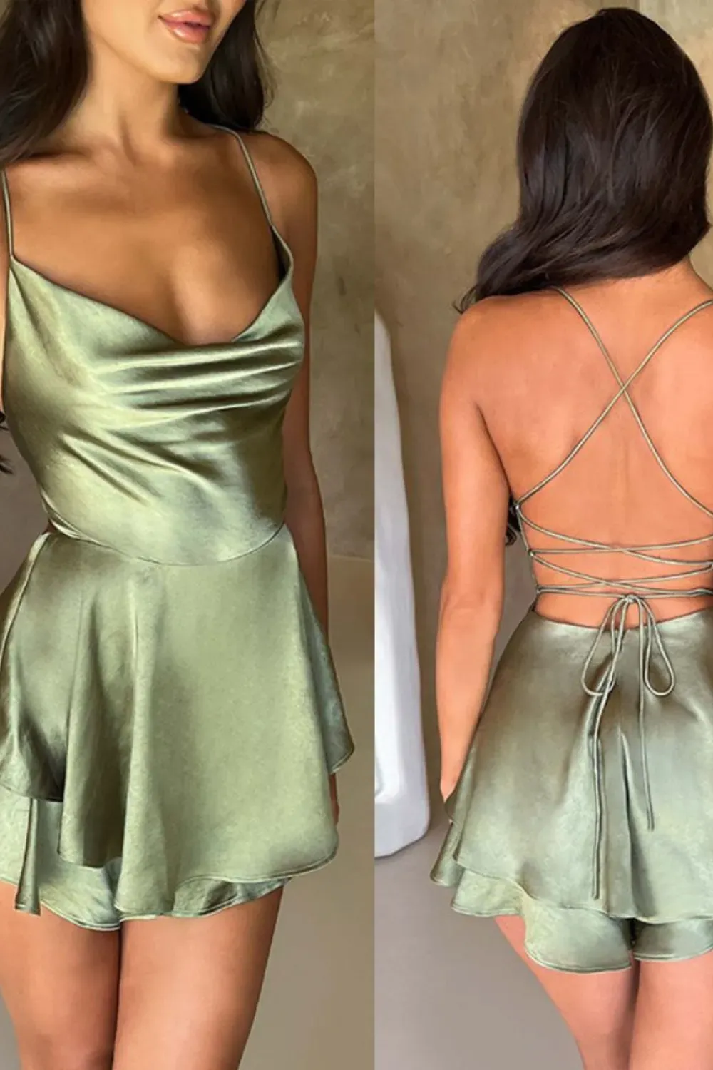 Satin Olive Romper with Cowl Neck and Lace-up Back - Shiny olive satin romper featuring a cowl neckline and criss-cross back.