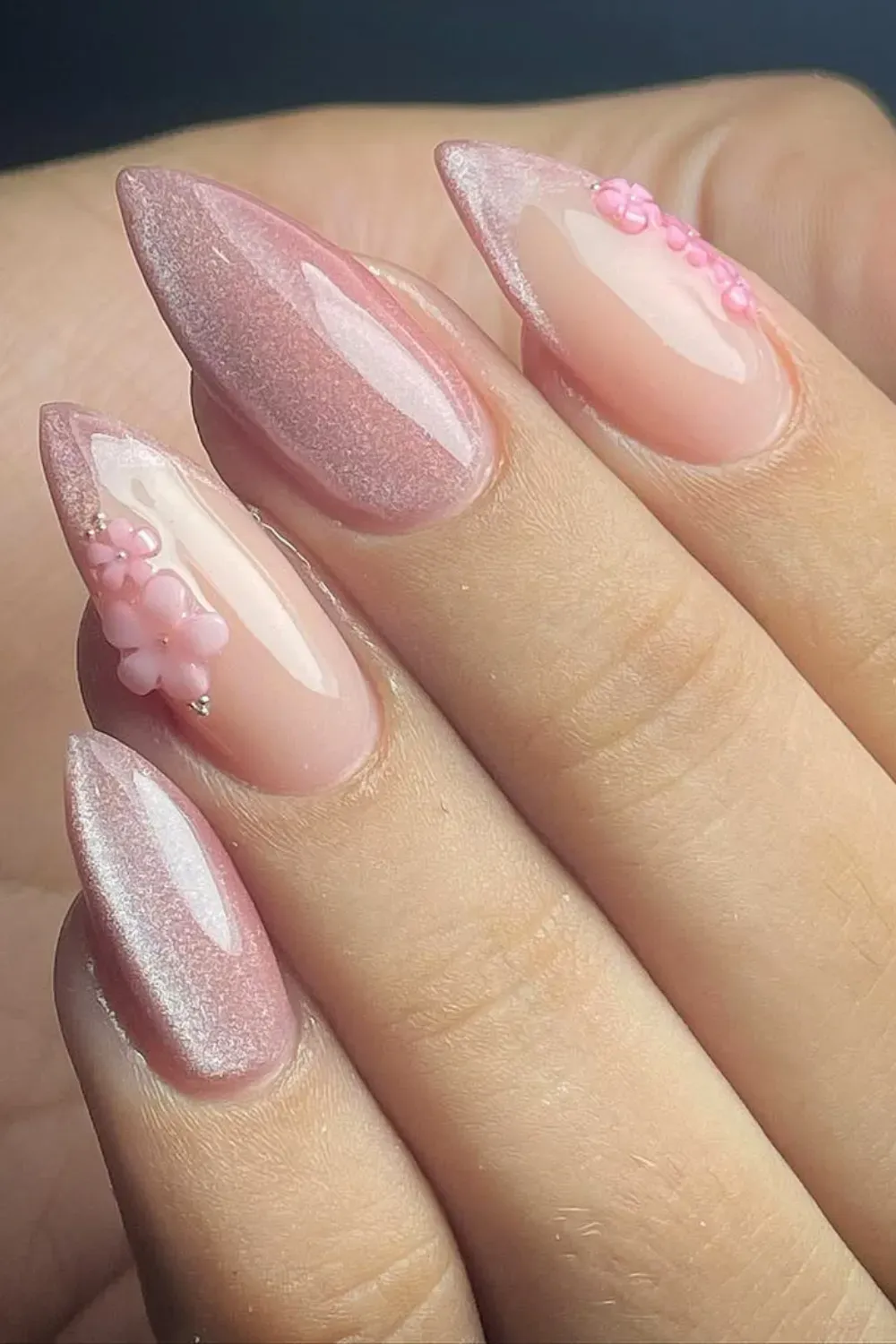 Marble French Tips with Gold Accents and 3D Flowers Alt Text: Marble French tips with luxurious gold accents and 3D floral details for an elegant and glam design