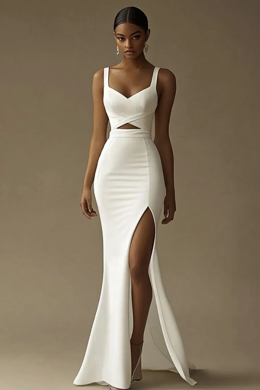 Sleek White Dress with a Side Slit - Elegant white gown with a one-shoulder strap and thigh-high slit, perfect for formal events