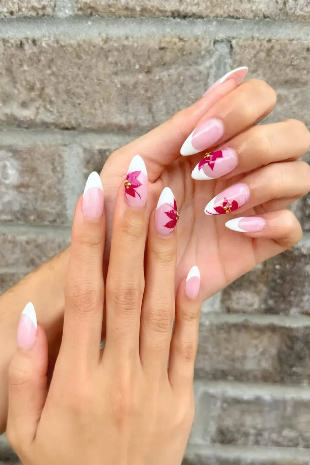 Summer Floral French Tips with Glitter - Sparkling summer floral French tips with glitter accents for a fun and festive look