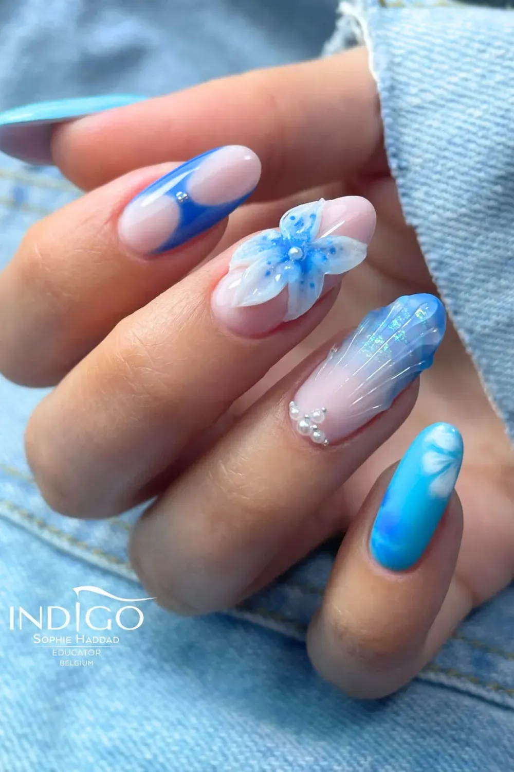 3d blue floral nails beach nails