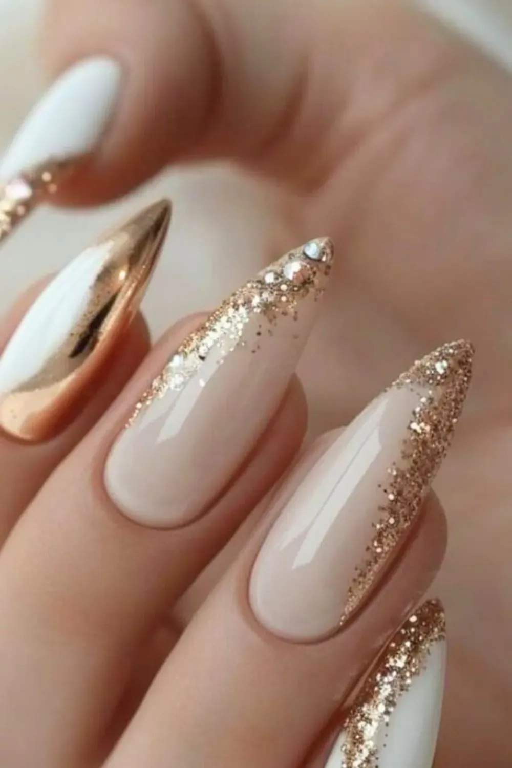 White & Rose Gold Glitter Nails - Glamorous white and rose gold glitter nails perfect for special occasions.