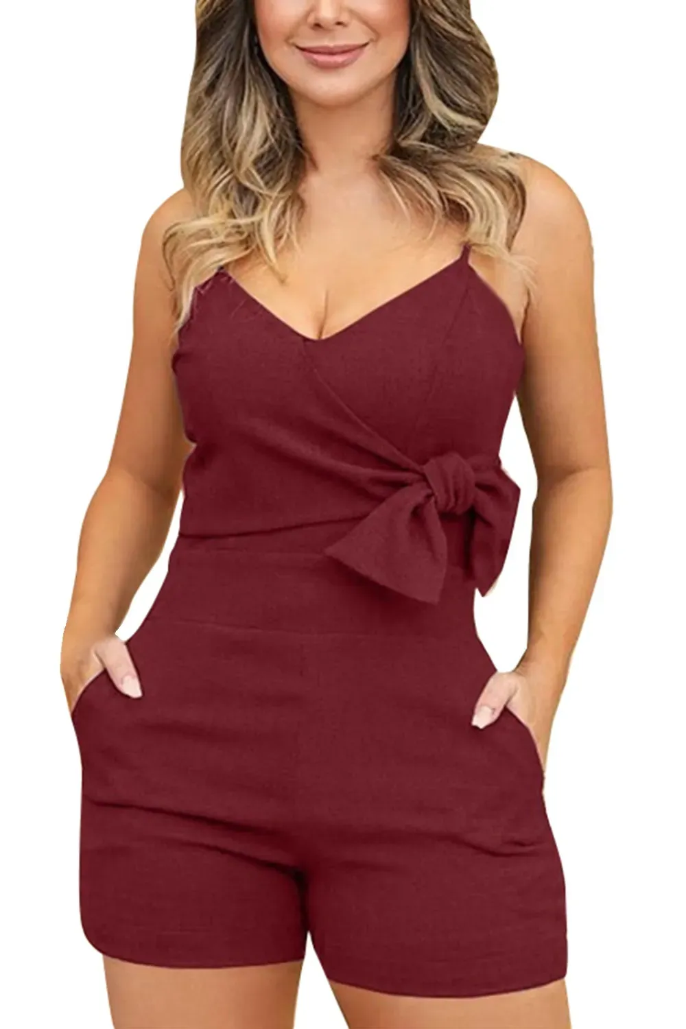 Wine Red Wrap Romper with Bow Waist Tie - Burgundy wrap romper with adjustable spaghetti straps and bow accent