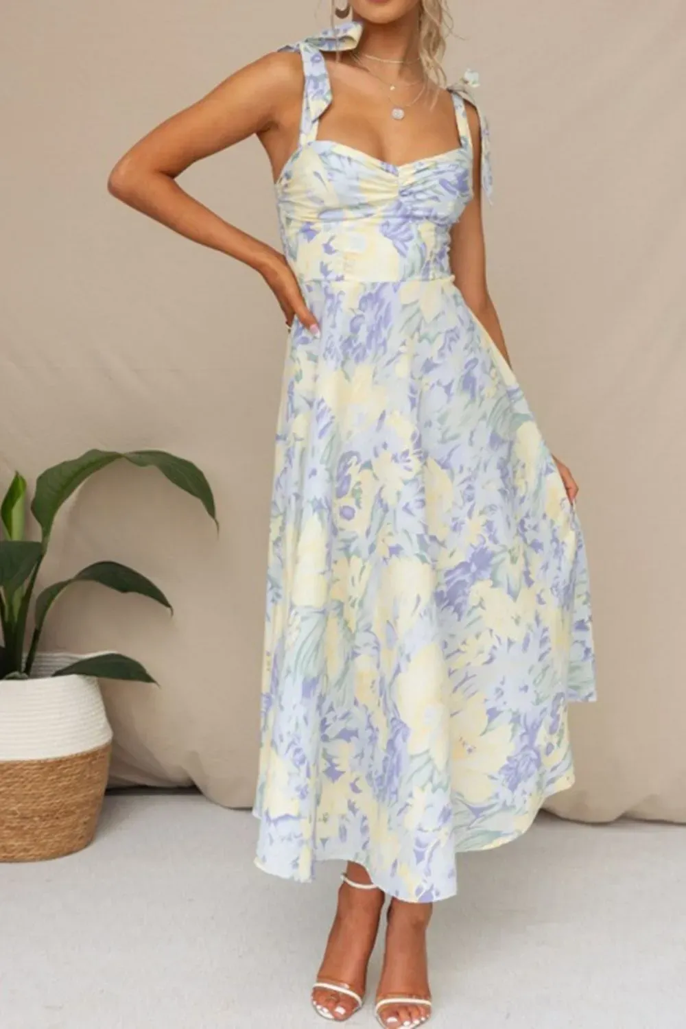 Yellow Lavender Cottagecore Midi Dress - Dreamy Floral Aesthetic