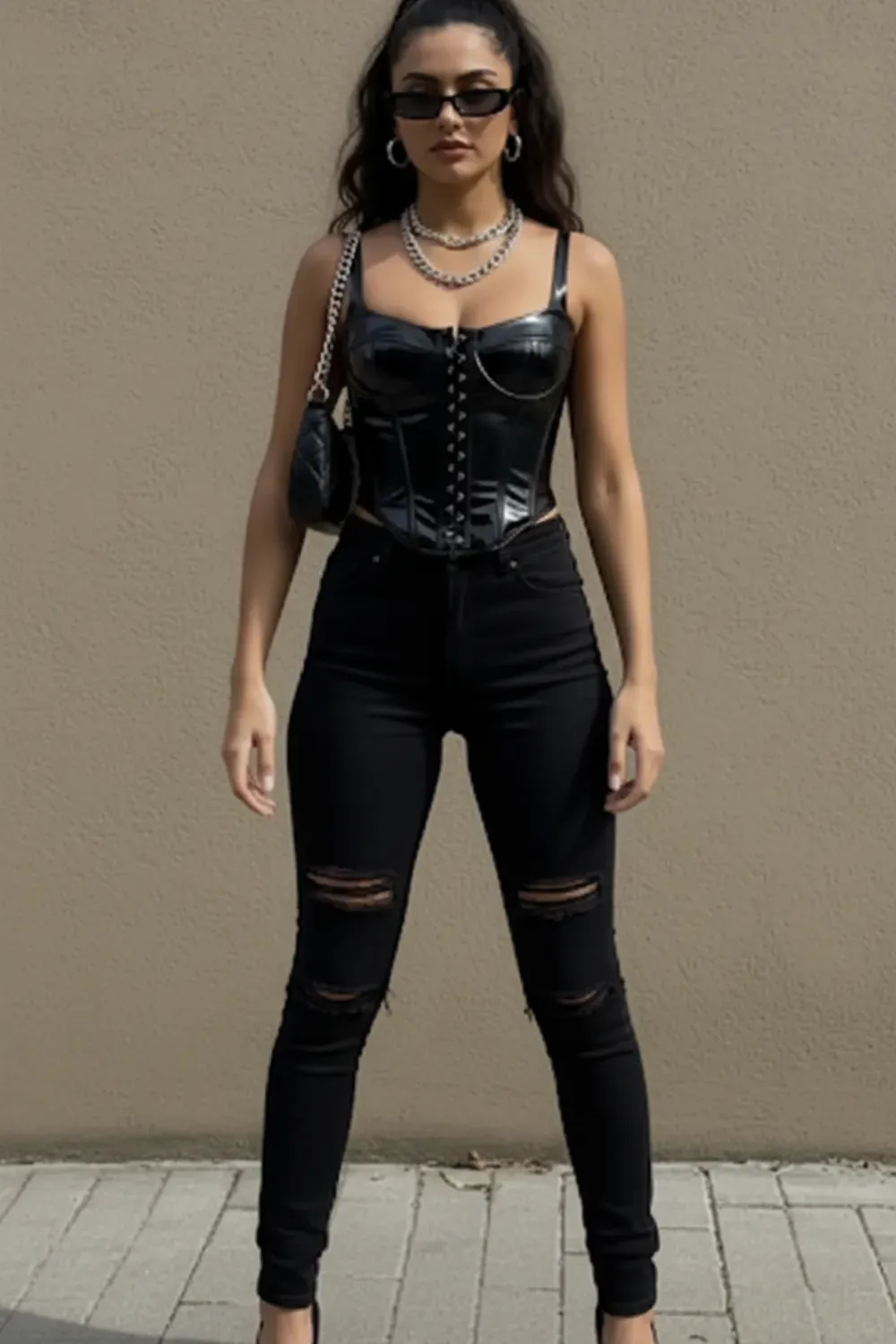 All Black Baddie Look - Black corset top with ripped skinny jeans, black stiletto heels, and a small handbag for an edgy chic style