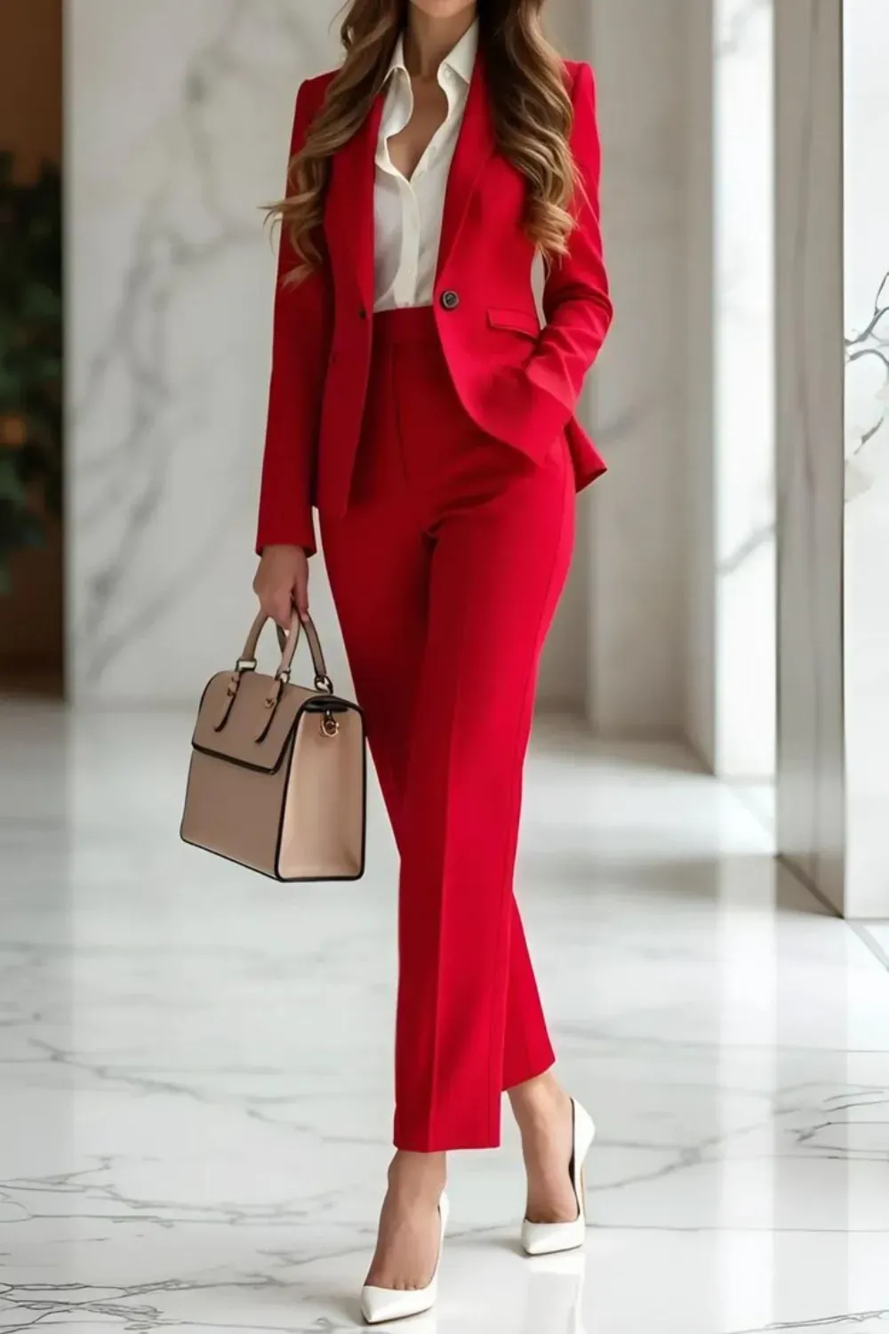 Red Power Suit - Bold red tailored suit paired with a white shirt and beige handbag for a powerful look.