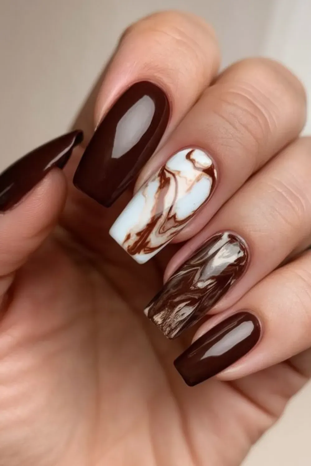 Brown Marble Nails - Artistic brown marble nails with a mix of light and dark brown swirls, perfect for fall