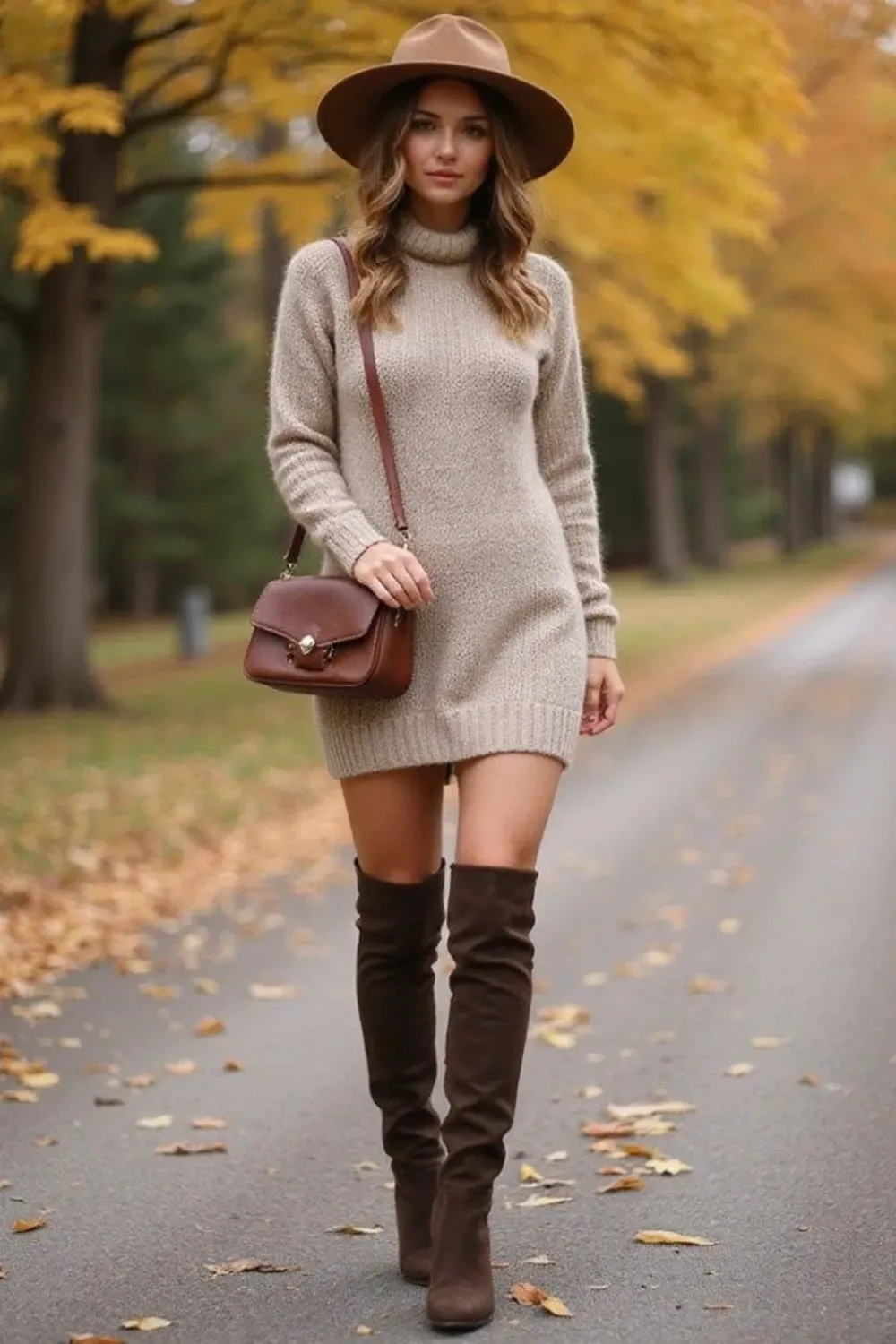 Sweater Dress and Over-the-Knee Boots - Neutral-toned sweater dress paired with brown over-the-knee boots and a stylish hat for a chic fall look.