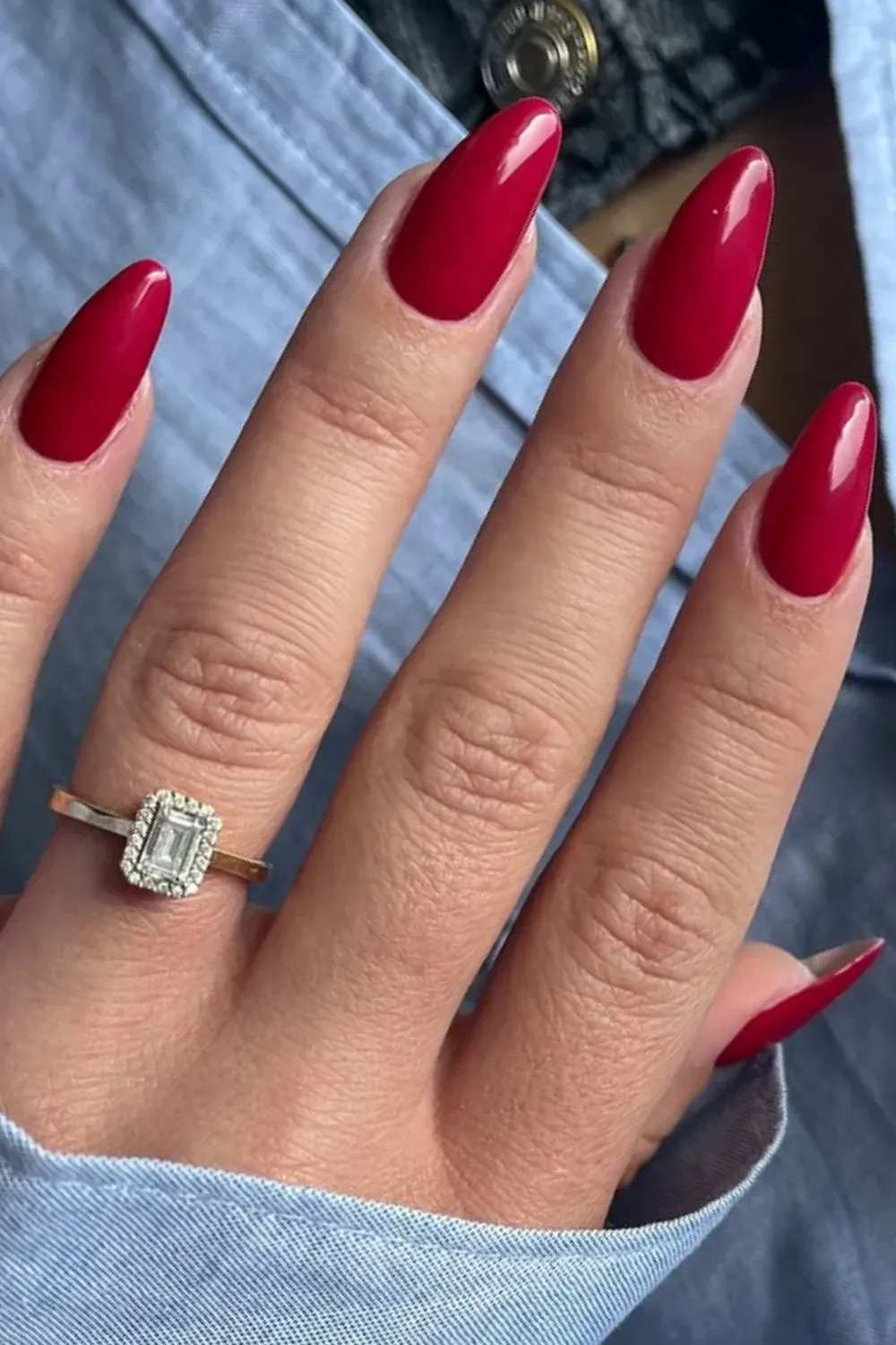 Deep Red Glossy Nails - A classic deep red glossy manicure on almond-shaped nails