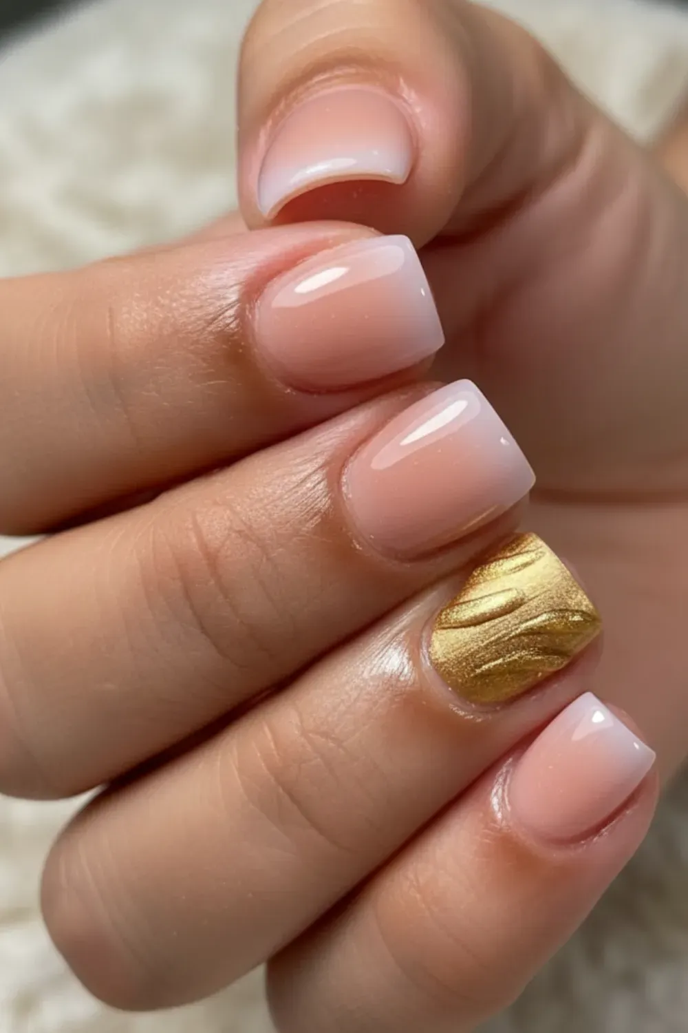 Soft nude short nails with one accent nail featuring a metallic gold texture for a sophisticated touch.