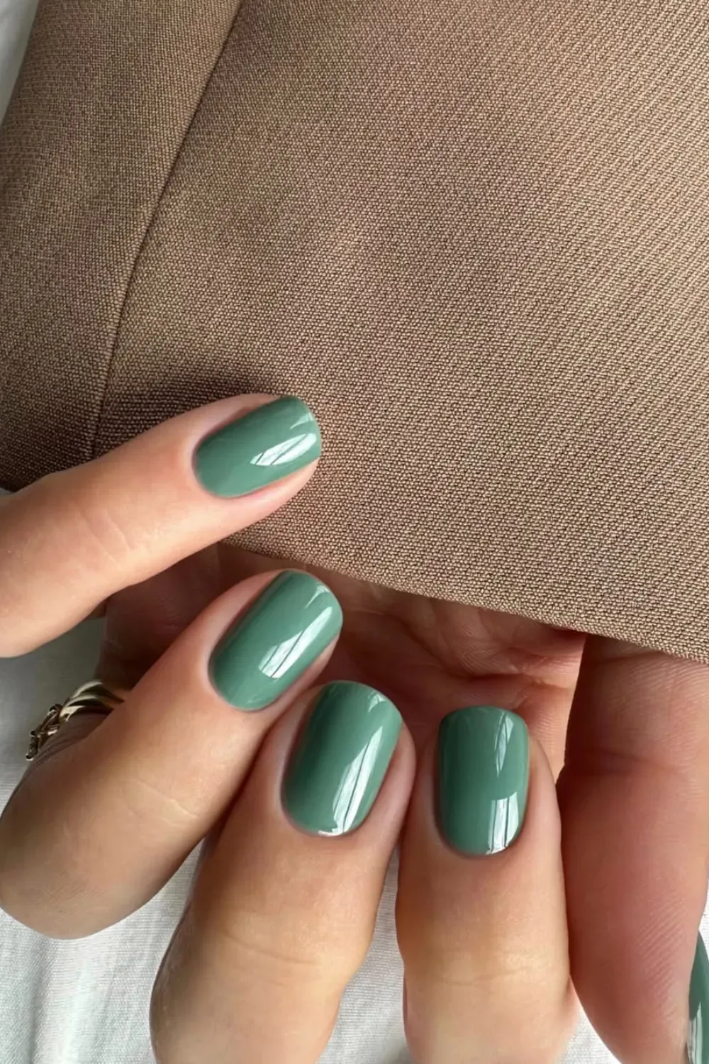  Green Nails with Glossy Finish - Beautiful olive green nails in a glossy finish, capturing the essence of fall's nature-inspired tones.