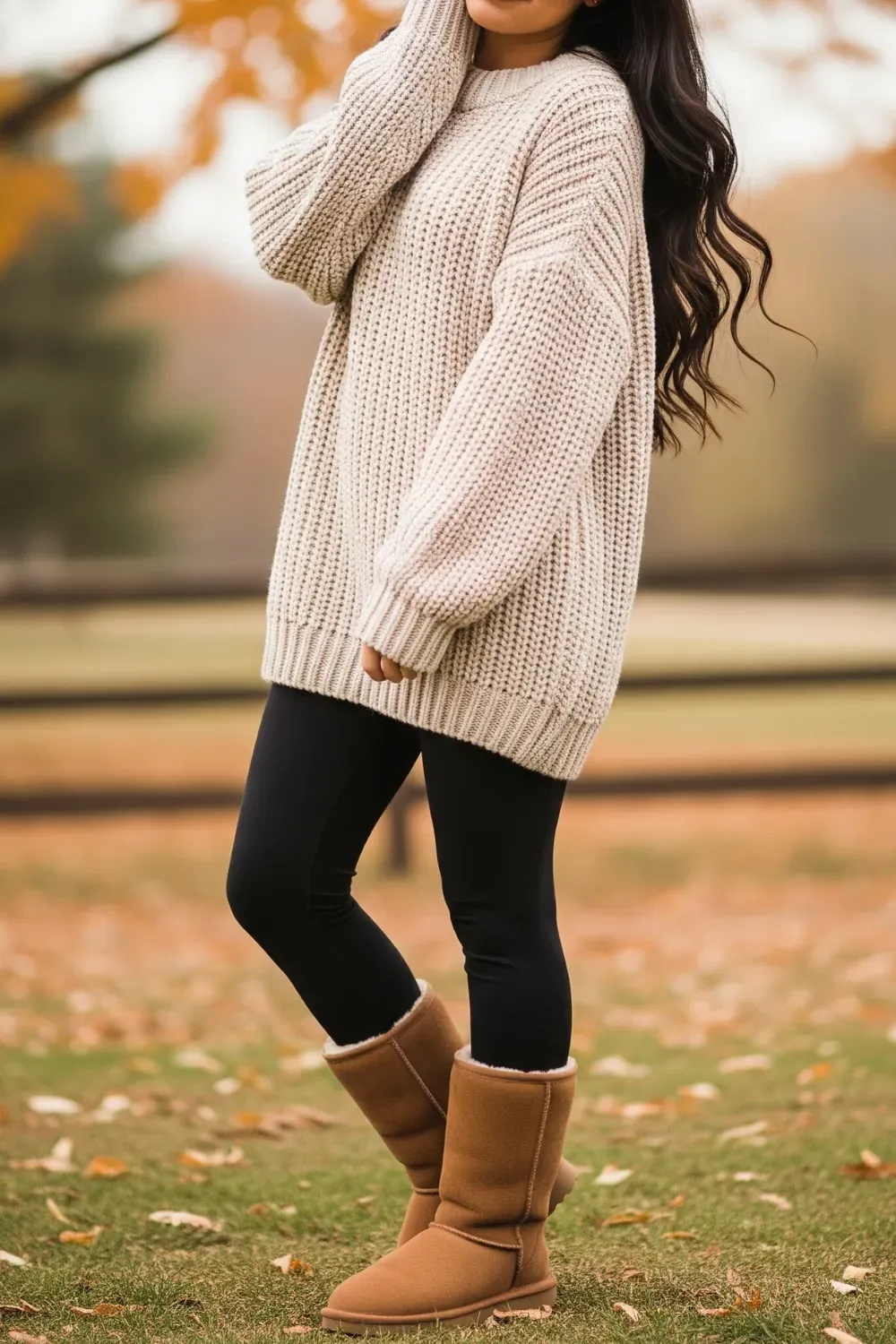 A woman stands outdoors in a fall setting, wearing an oversized, chunky knit beige sweater. She has on black leggings and tall tan UGG Classic boots