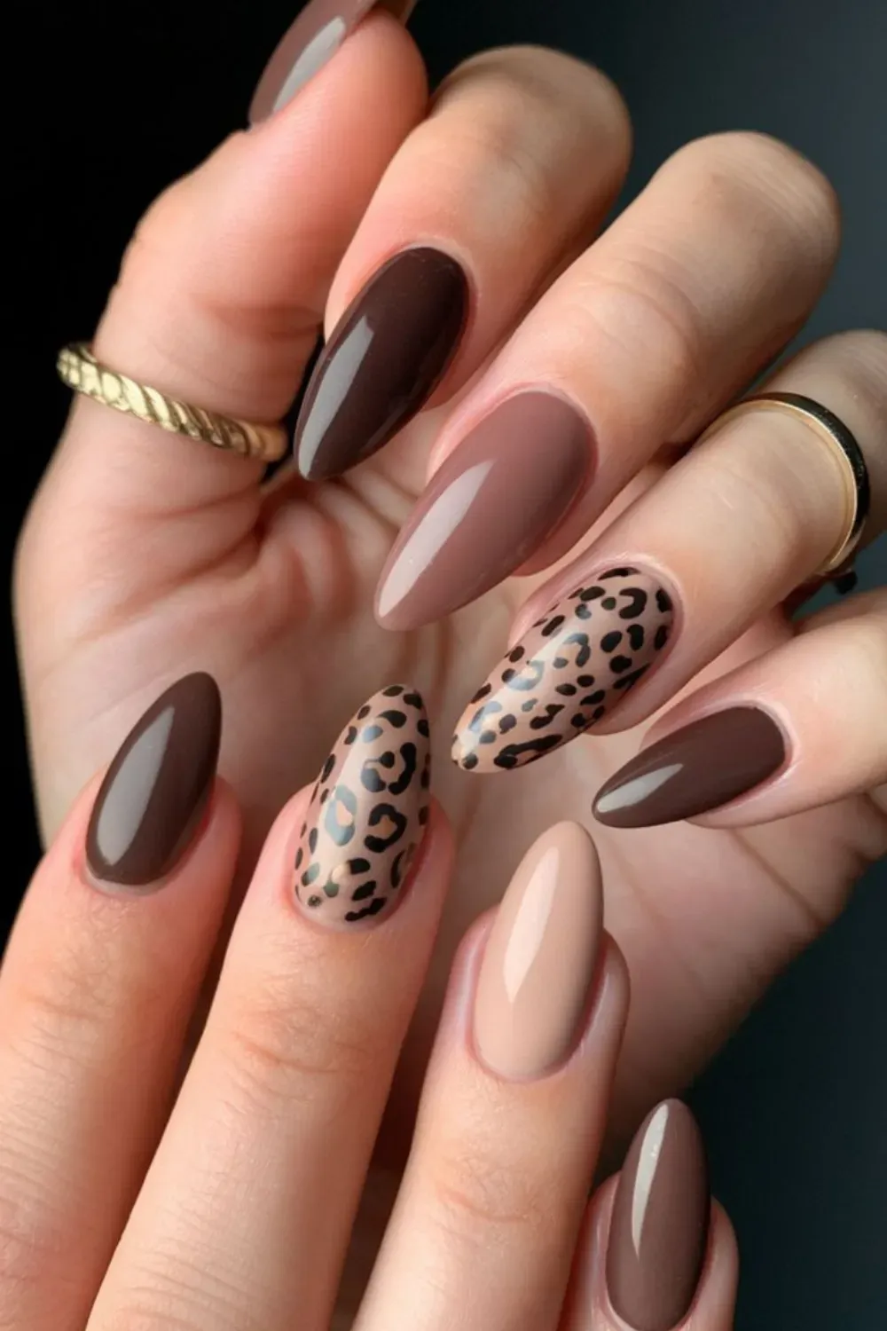 Leopard Print Brown Nails - Fun and trendy brown nails with leopard print design for a bold fall look