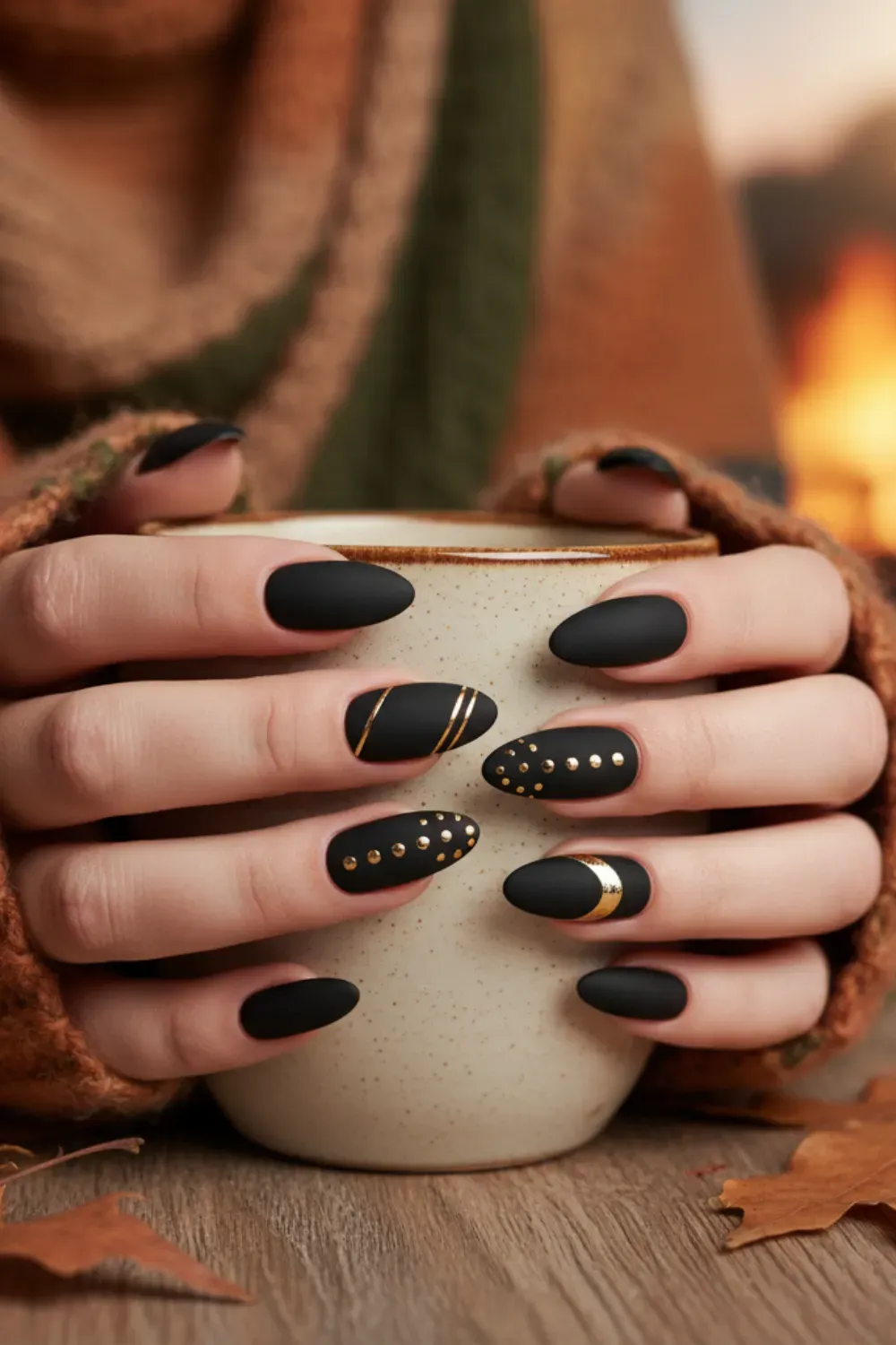 Matte Black Fall Nails with Gold Details - Bold matte black nails with delicate gold details for a fierce fall look