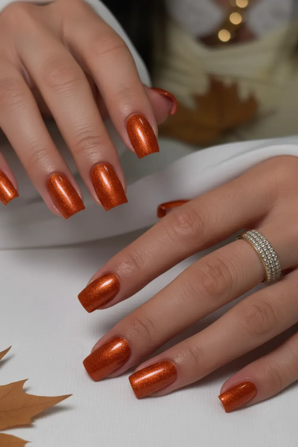 Pumpkin Spice Orange Nails - Festive pumpkin spice orange nails with a shimmer finish for a fall look