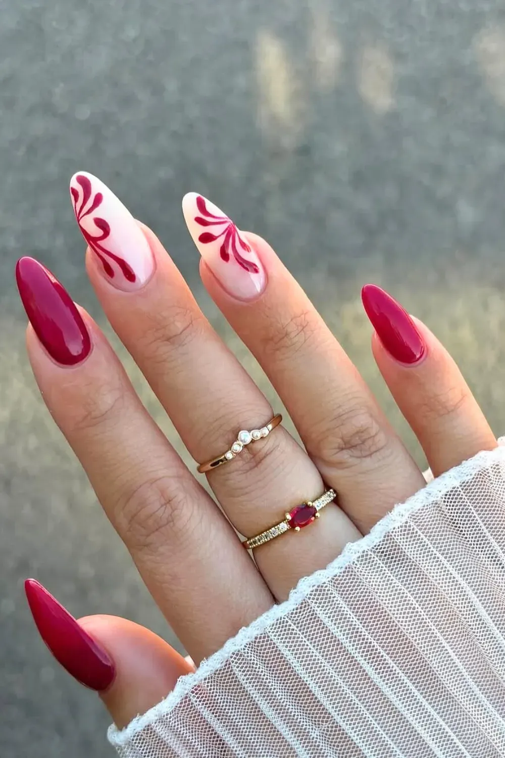 Romantic Red Floral Nails - Elegant red floral nail art on a neutral base, perfect for a romantic autumn look