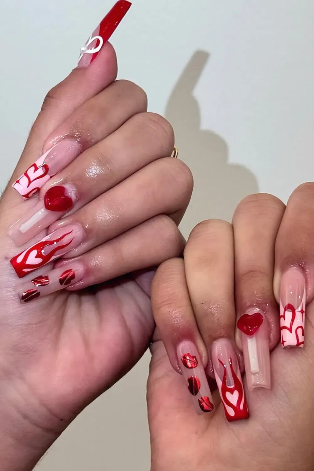 Sculpted Red Heart & Flame Nails - Red heart and flame sculpted nail design, perfect for a bold autumn look