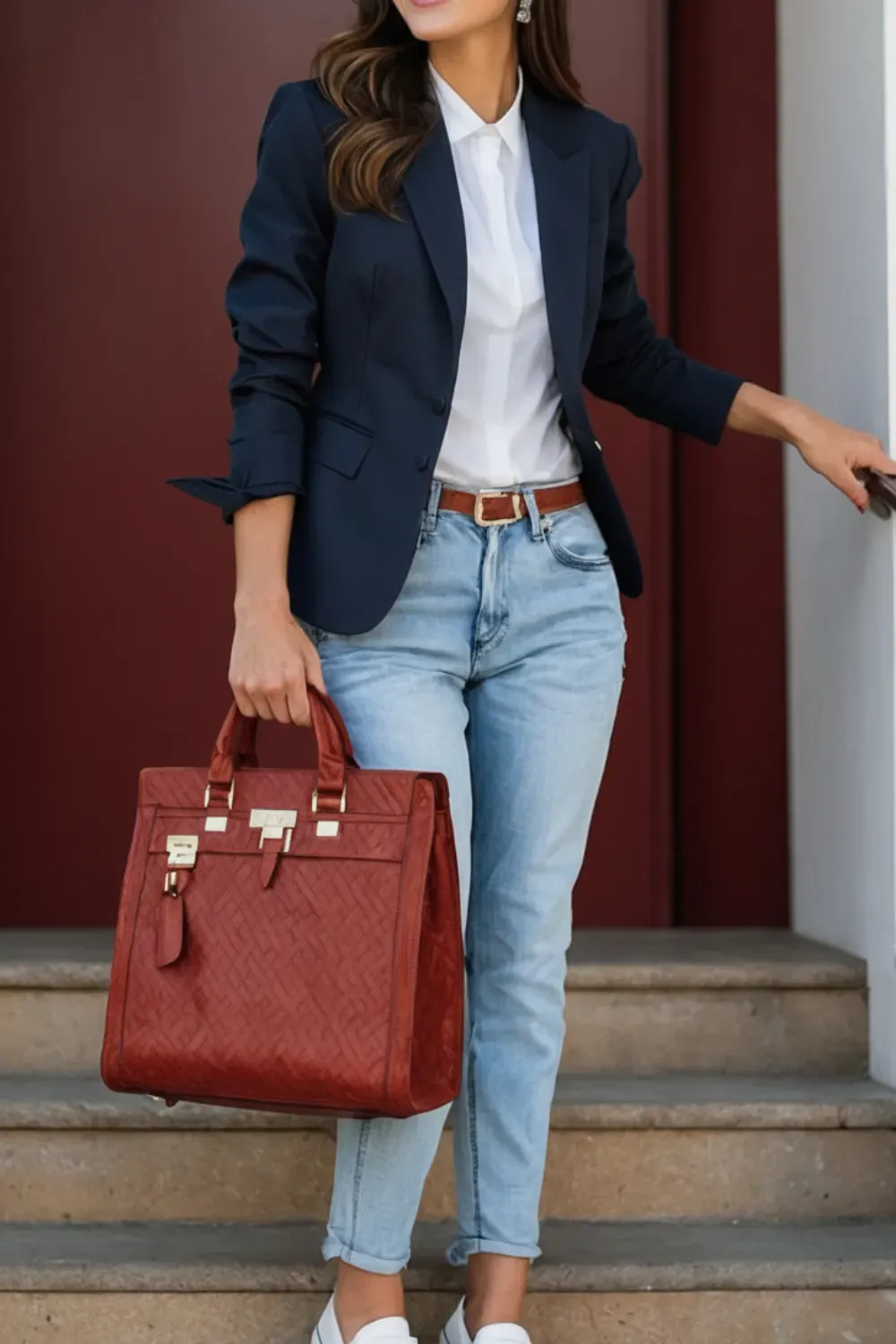 Smart Casual with Blazer and Jeans - A woman in a navy blazer, white shirt, and light-wash jeans, a smart casual look for fall