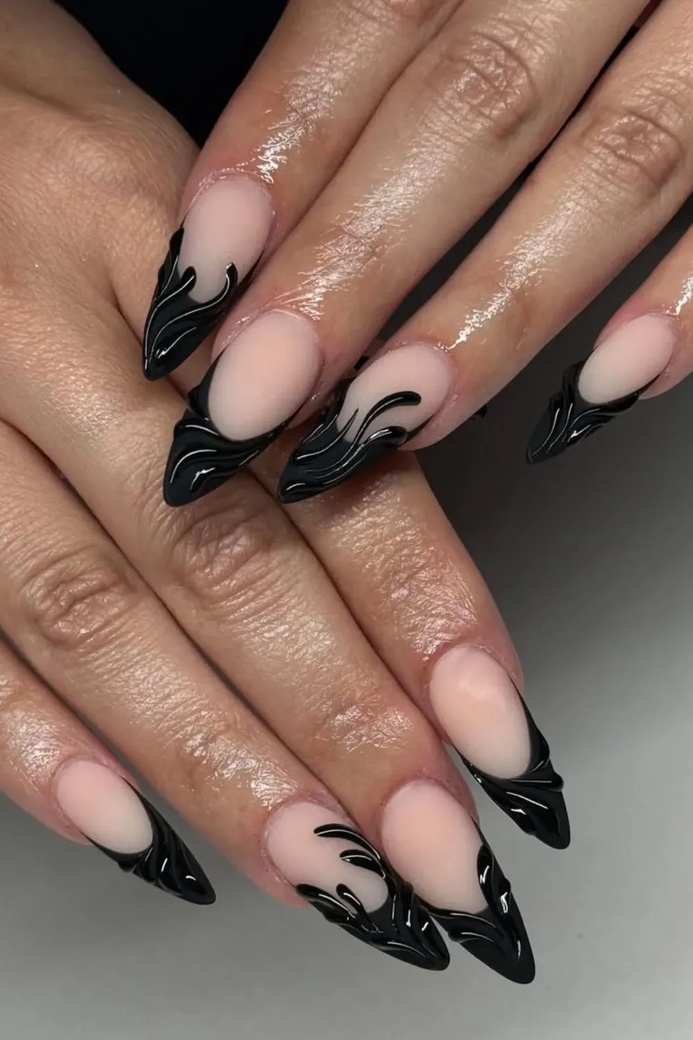 lack Flame French Tips - Bold black flame design on French tip nails with a nude base