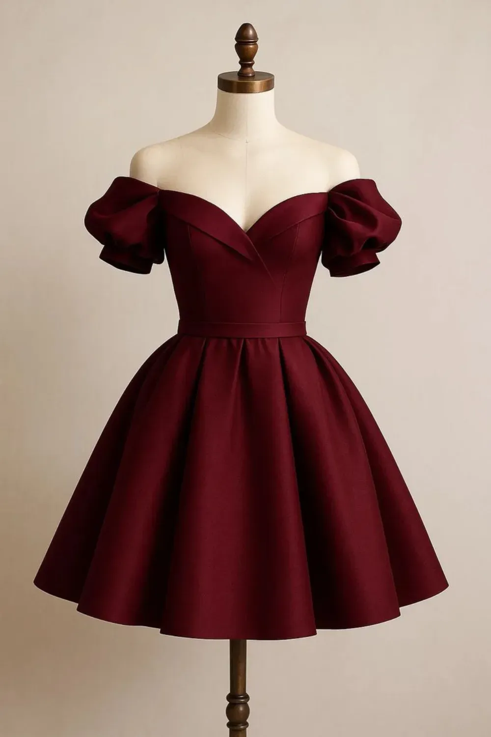 Off-the-Shoulder Puff Sleeve Burgundy Mini Dress - Mannequin wearing a short, off-the-shoulder burgundy dress with a sweetheart neckline, puff sleeves, and a structured, pleated flared skirt.