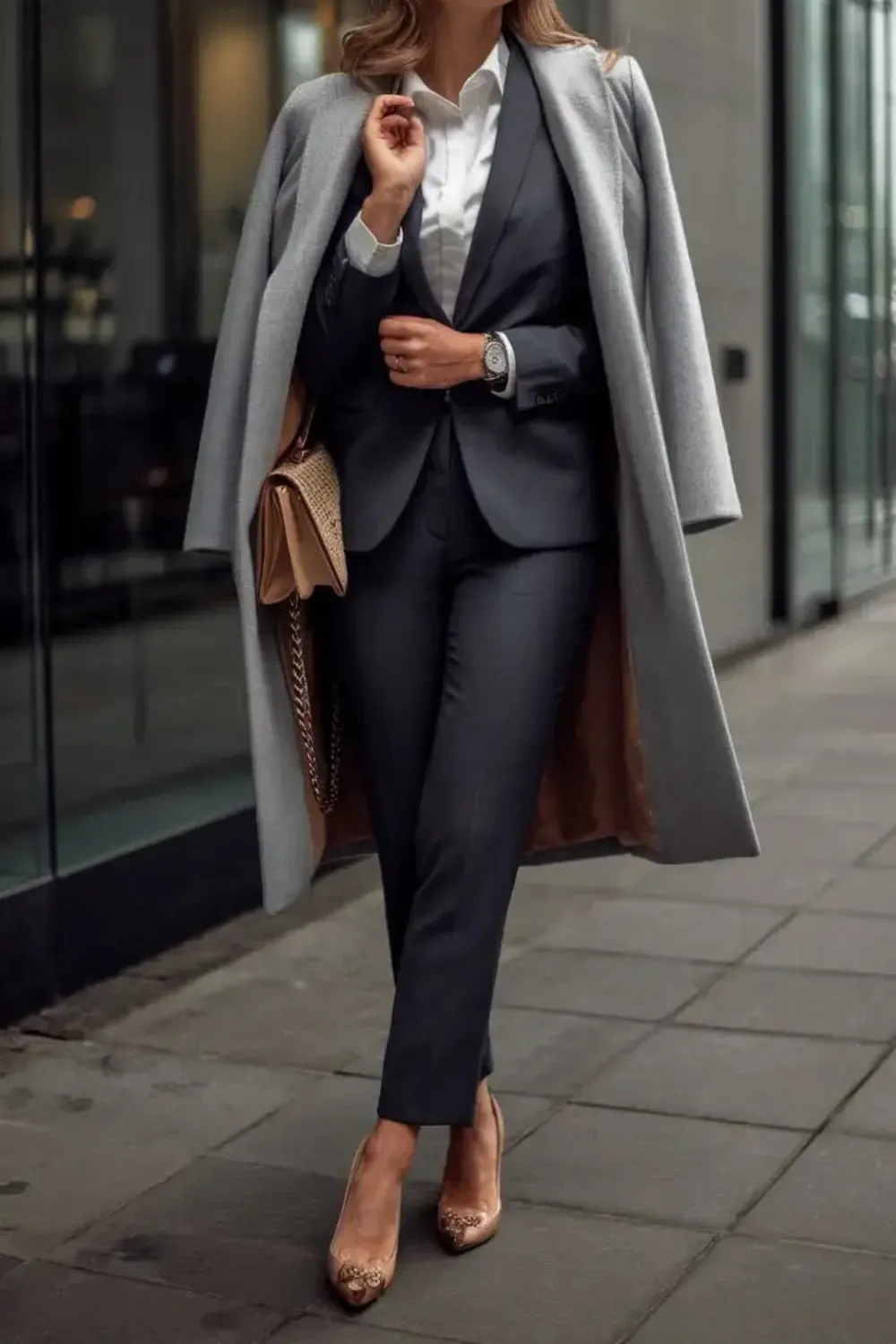 Navy Suit with Light Grey Coat  - A woman walking on a city street, wearing a white button-down shirt, navy pant suit, rose gold heels, and a light grey long coat draped over her shoulders, holding a small beige chain handbag and wearing sunglasses.