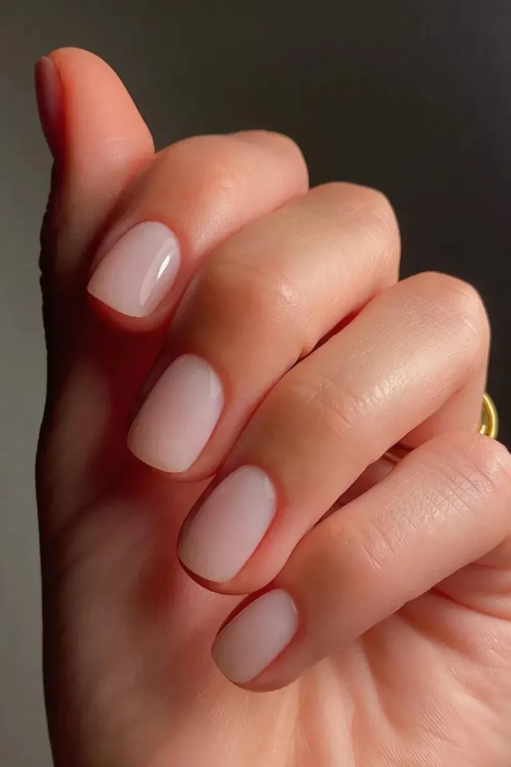 Simple Short Milky Nude Square Nails - Short, squoval-shaped nails with a sheer, creamy nude milky polish.