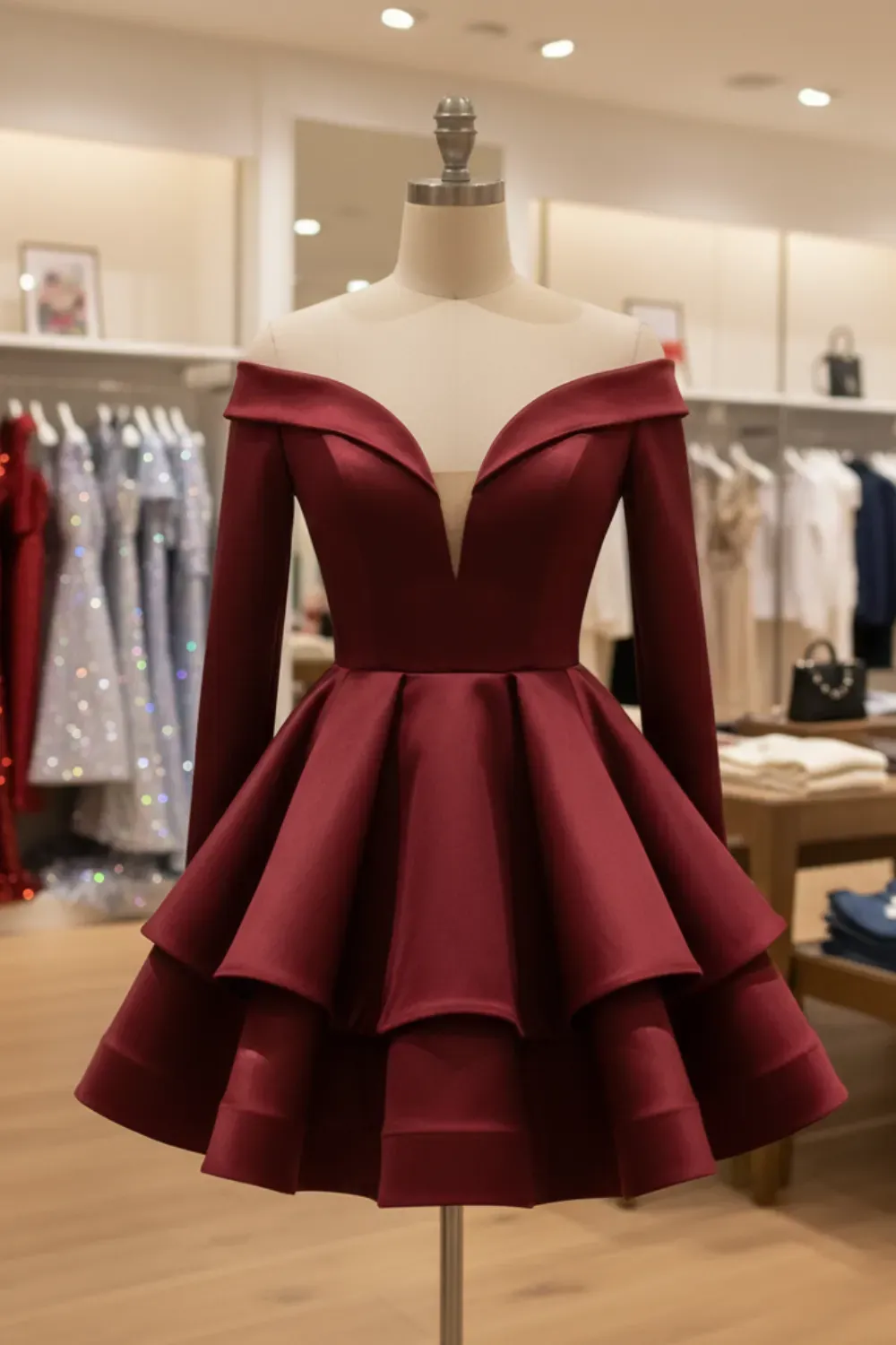 Off-Shoulder Tiered Burgundy Mini Dress in Clothing Store - Mannequin in a clothing store wearing a tiered, ruffle-skirted burgundy mini dress with long off-the-shoulder sleeves and a deep V-neckline.