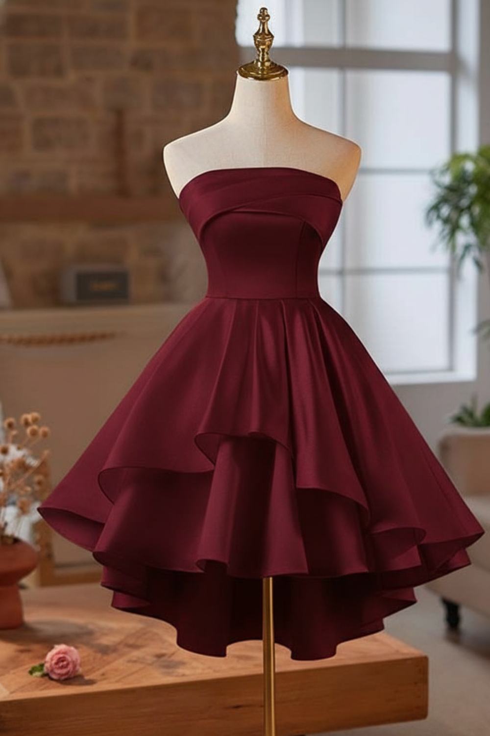 Strapless Tiered High-Low Burgundy Mini Dress - Strapless burgundy dress on a mannequin featuring a tightly fitted bodice and a multi-layered, high-low flared skirt made of structured satin.