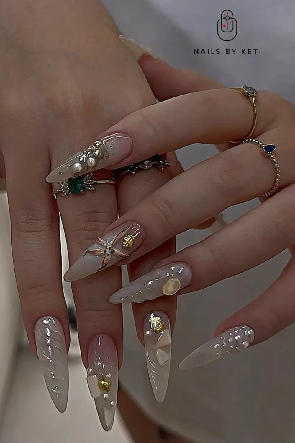 Pearl White 3D or Jewel-Encrusted Nails
