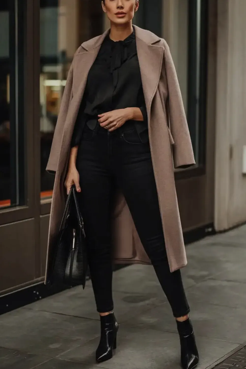 Black and Beige High-Contrast Look  - A woman standing outside wearing a black pussy-bow blouse, black skinny jeans, black pointed ankle boots, and a warm beige long coat draped over her shoulders, holding a black tote bag.